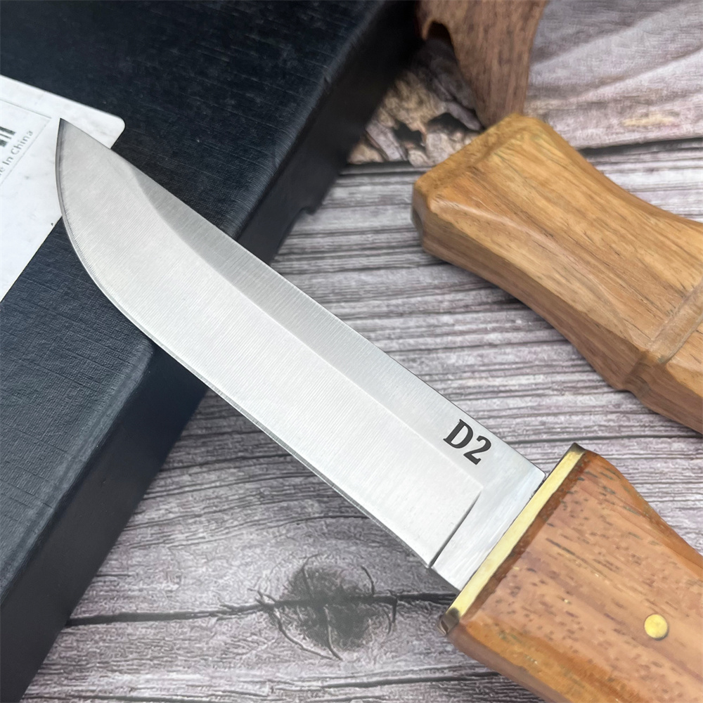 Bushcraft Knife Fixed - D2鋼の刃とローズウッドハンドルを備えた頑丈なアウトドア用固定刃ナイフ、キャンプ、ブッシュクラフト、荒野での使用に最適